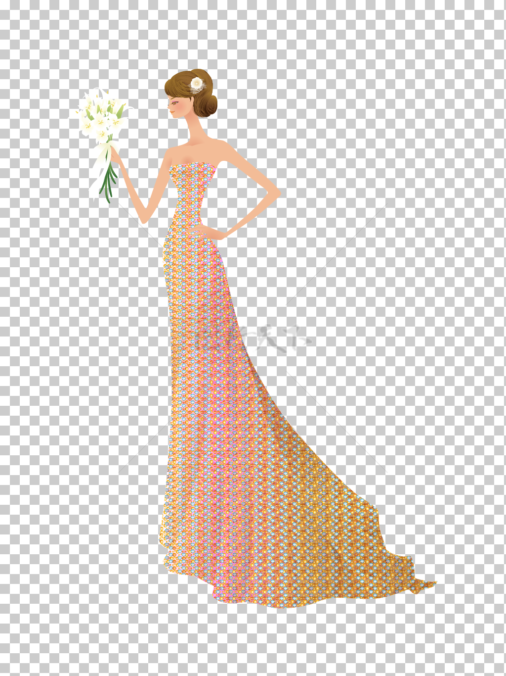 穿着婚纱拿着花束的美女新娘矢量图插画素材