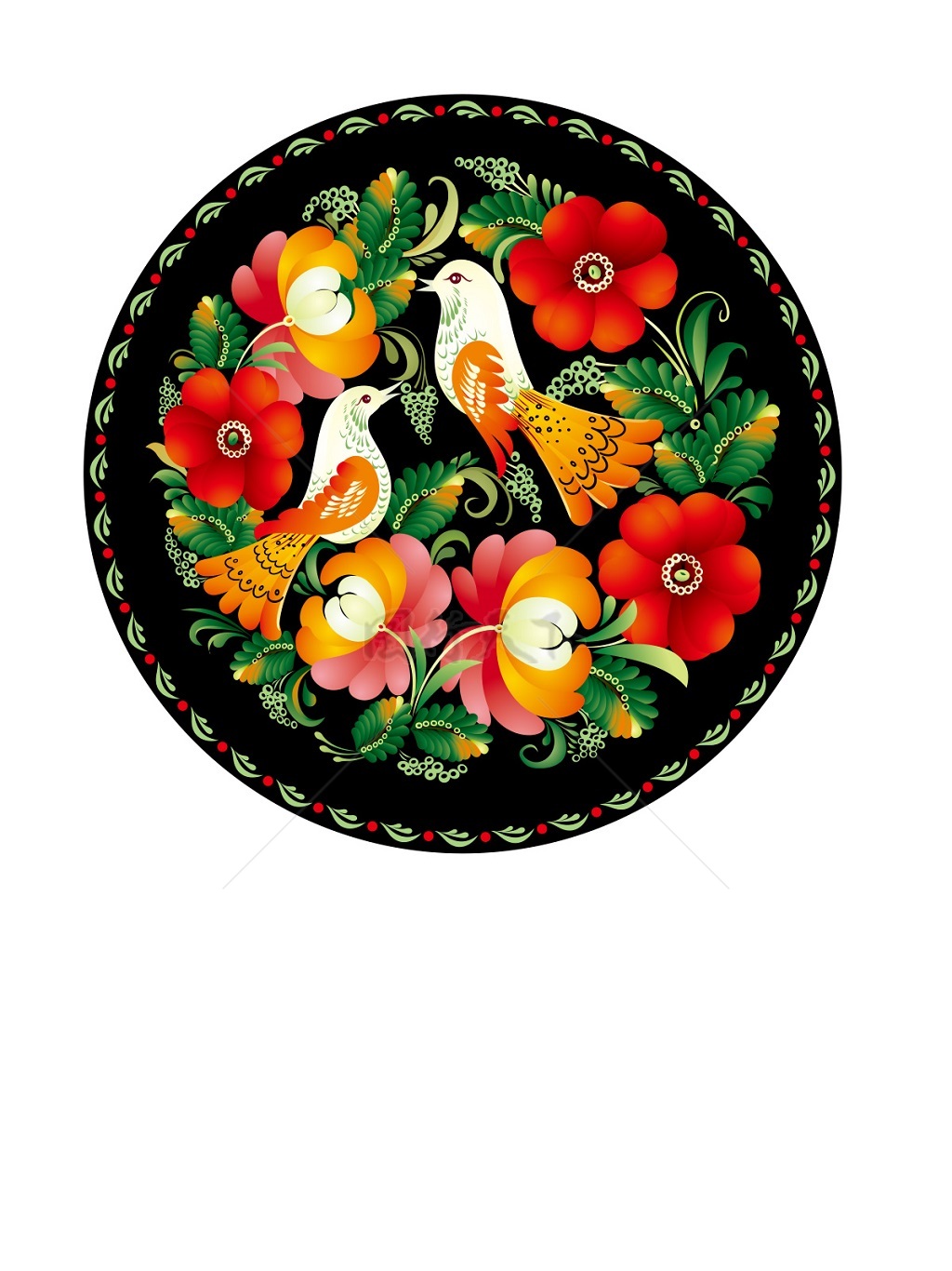 传统 欧式俄式 圆形花卉图案背景贴图黑底双鸟红花